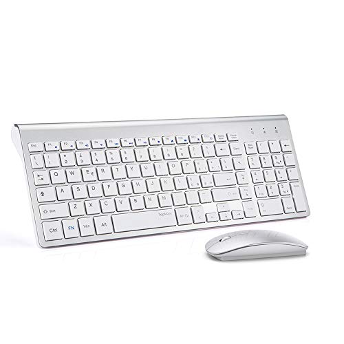 TopMate Wireless Keyboard e Mouse Combo 2.4GHz Ultra Sottile Silenzioso Tastiera e Mouse Wireless Design Ergonomico per PC Laptop | Bianco Argento