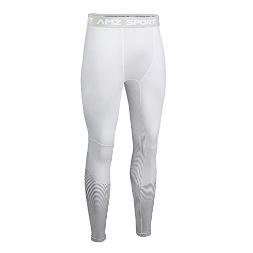 AMZSPORT Pantaloni per Compressione Sportiva da Uomo Asciugatura Veloce Leggings di Baselayer da Allenamento Nuova Generazione - Bianco L