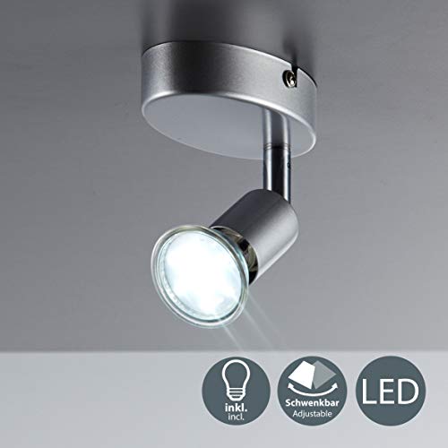 B.K.Licht faretto LED da soffitto orientabile, include lampadina GU10 da 3W 250Lm, luce calda, lampada a muro, plafoniera da parete o soffitto, da interno, corpo metallo, color titanio, 230V, IP20