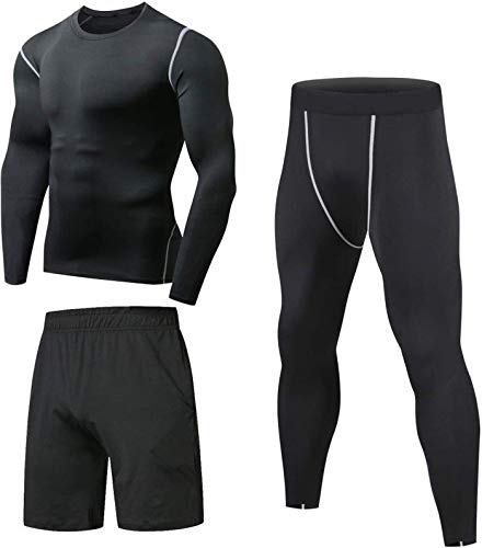Niksa 3 Pezzi Fitness Palestra Completi Sportivi da Uomo Abbigliamento Sportivo,Compressivo Maglie e T-Shirt Pantaloni Collant a Compressione Vestiti (L, Long Sleeve(163515 New))