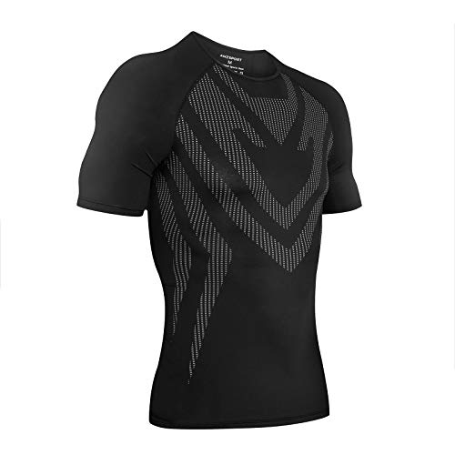 AMZSPORT T-Shirt da Uomo a Manica Corta Sports Compression Shirt da Running a Asciugatura Rapida, Nero L
