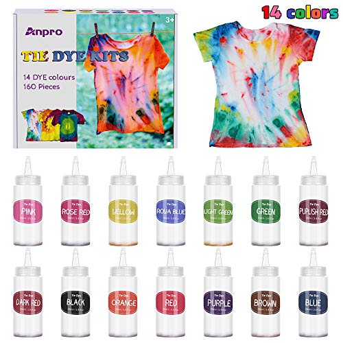 Anpro 160 Pezzi Tie Dye Kit, 14 Coloranti ×100 ml/Bottiglia Tessili Brillanti Tie-Dye, Kit di Materiali per Tintura di Pigmenti Abbigliamento, Adatto per Fai da Te Tie-Dye Art per Bambini e Adulti