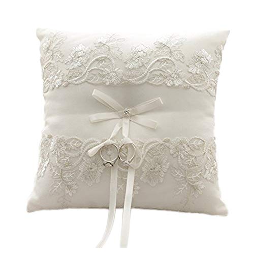 Amajoy 21 * 21cm fiore di pizzo decorato da cuscino ,Sposa Cerimonia Pocket anello portatore, cuscino cuscino con nastri di raso