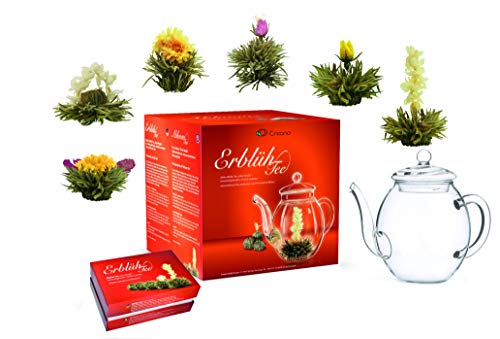 Creano – un mix di tè di fiori – Set regalo „Fior di Tè“ con bricco di vetro | Tè bianco (6 tipi diversi)