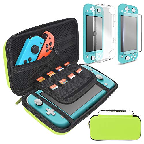 3 in 1 Kit Accessori per Nintendo Switch Lite 2019 FYOUNG con Custodia Rigido da Viaggio + TPU Cover Protettiva Trasparente + Pellicola Protettiva Vetro Temperato, Verde