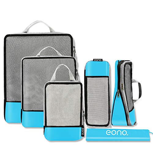 Eono by Amazon - Organizzatori da Viaggio a Compressione, Organizer per Valigie, Organizer Valigia Set, Cubo di Viaggio, Cubi di Imballaggio, Compression Packing Cube, Blu, 6 Set