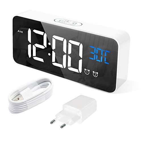 HERMIC Sveglia Digitale, Sveglia da Comodino con Temperatura, Orologio digitale con 2 Allarme, Snooze, 4 Livelli di luminosità, Controllo Vocale, USB Ricaricare, Sistema 12/24 Ore (bianca)