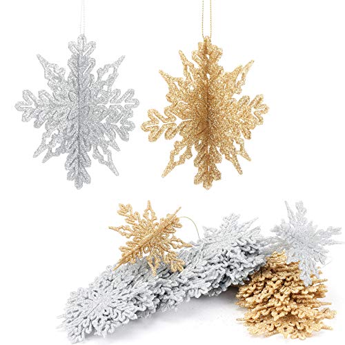 Aitsite 16 Pezzi di Fiocchi di Neve Glitter 3D, Artigianato da Appendere in plastica da 4 Pollici per Feste di Matrimonio Natalizie e Decorazioni per la casa (Oro + Argento)