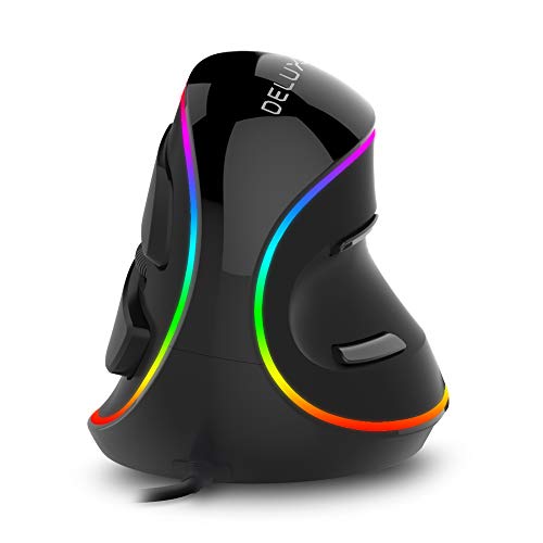 DELUX Mouse verticale ergonomico con illuminazione RGB, 5 DPI regolabili (800-1200-1600-2400-4000 DPI), 6 pulsanti, poggiapolsi rimovibile, mouse ottico per computer portatile