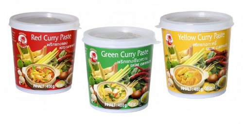 Cock Brand - degustazione di paste curry set - confezione da 3 (3 x 400g) - 3 varietà, 1 tin rosso, verde, pasta di curry giallo