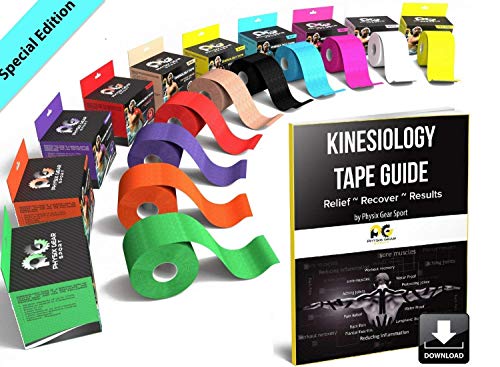 Physix Gear Tape kinesiologico - Nastro K Tape Sportivo 5m x 5cm Non Tagliato - Nastro Adesivo Impermeabile per dolori muscolari al Ginocchio, Gomito, Schiena, Spalla - Sport Tape con Guida (2PZ Blu)