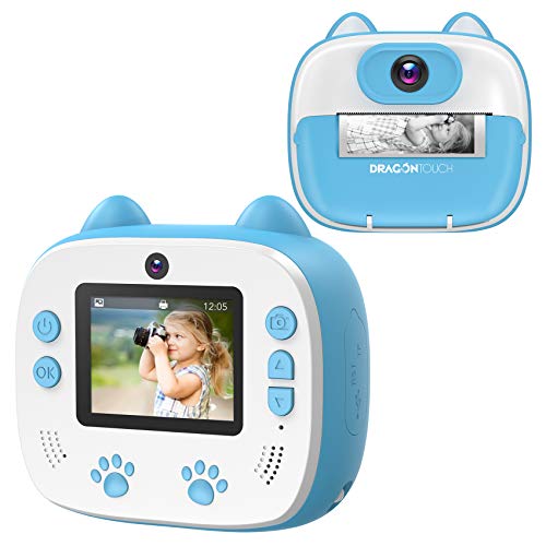 Dragon Touch Fotocamera istantanea per bambini, Fotocamera Instant Print con carta da stampa, Doppia fotocamera con adesivo per cartoni animati, Penne colorate e Borsa Giallo(Blue)