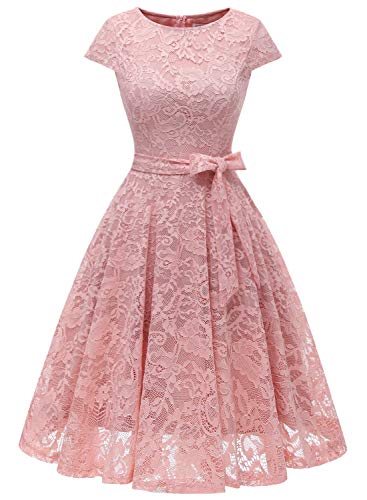 MuaDress Vestito Donna Eleganti da Sposa in Pizzo Girocollo Manica Corta con Cintura per Cerimonia Nuziale 6008Blush L