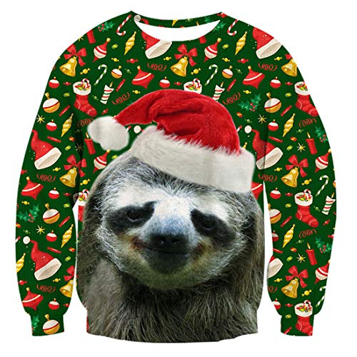 TUONROAD Unisex Pullover di Natale Funny Sloth 3D Stampato Christmas Sweatshirt Uomo Donna Crewneck Ugly Xmas Sweater Maglione - XXL