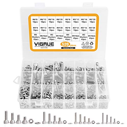 VIGRUE Kit 520PCS M3 M4 M5 M6 304 acciaio inossidabile esagono incassato bulloni con testa a brugola Viti con assortimento di noci (520PCS)