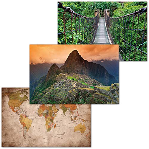 GREAT ART Set di 3 Poster XXL - Avventura Inca - Mappamondo Machu Picchu Giungla Ponte Tempio Città Perù Jungle Ponte Sospeso Decorazione Interiore Murale cadauno 140 x 100 cm