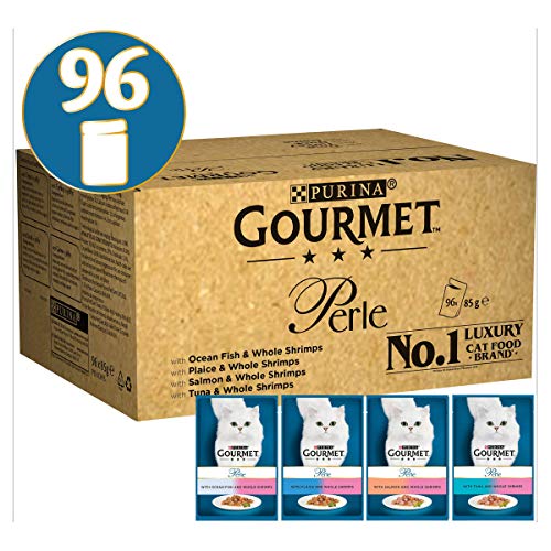 Purina Gourmet Perle Cibo Umido per Gatto, Filettini in Salsa, Salmone o Platessa o Tonno o Pesce dell'Oceano + Gamberetti - 96 x 85g