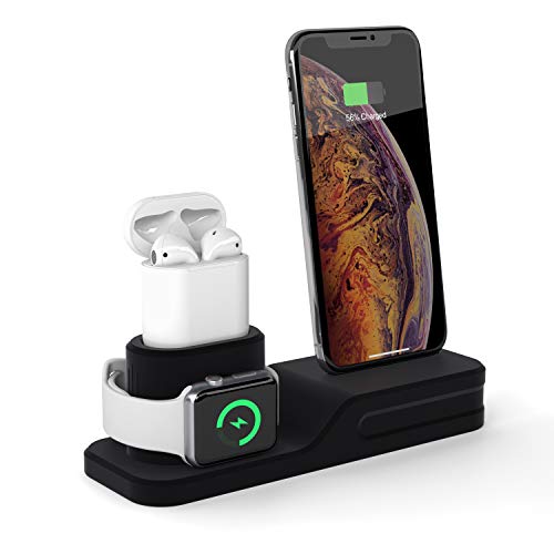 seacosmo Stand 3 in 1 per Air pods iwatch, Silicone iPhone Ricarica Caricatore Dock Station per Apple Watch 4/3/2/1 AirPods e iPhone XMAS/XR/X/8/8 Plus/7 Plus/6s, Nero