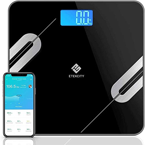 Etekcity - Bilancia pesapersone Bluetooth per il corpo e la composizione del corpo, con app intelligente per peso corporeo, grasso corporeo, BMI, ecc, 28°/180 kg, nero