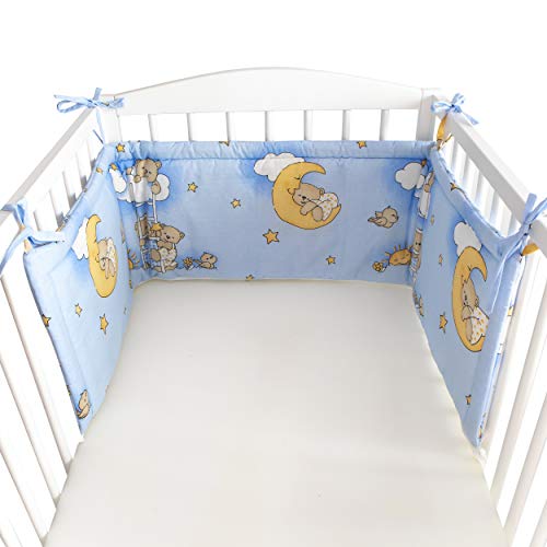 BlueberryShop Rivestimento Lettuccio, 150 x 35 x 4 cm, Progettato per bambini da 0 a 3 anni, 100% cotone, Blu Orso su scala