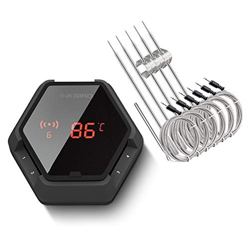 Inkbird Termometro per Griglia Bluetooth da 150 Piedi IBT-6XS con Magnete, Batteria Li 1000mAh e Cavo di Ricarica USB, Timer e Sonde 6 Sonde Termometri per Barbecue per Cottura Digitale