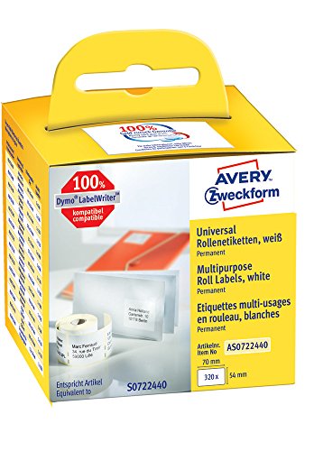 Avery Italia AS0722440 Etichette adesive bianche in rotolo, 54 x 70 mm, adesivo permanente, 320 etichette per confezione, 1 rotolo per confezione