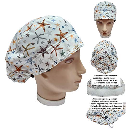 Cappello sala operatoria donna Stelle di mare Per capelli lunghi Assorbente sulla fronte regolabile con tenditore e gomma