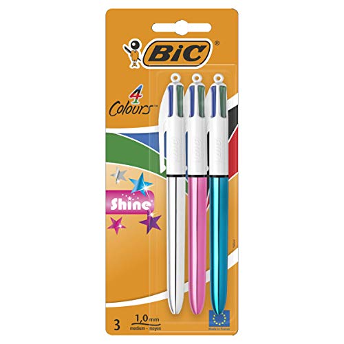 BIC 4 Colours Shine Penne a Sfera, a Scatto, Punta Media 1.0 mm, Fusti Metallizzati Assortiti, Confezione da 2+1