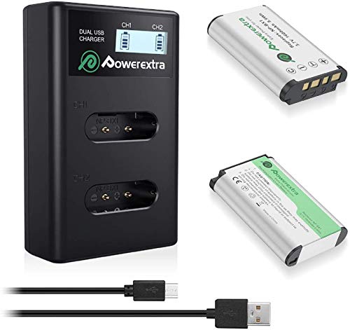 Powerextra 2 x Batteria di ricambio per Sony NP-BX1 + Doppio caricatore per Sony CyberShot DSC HX90 HX95 HX99 RX100 WX350 HX400V HDR AS100V FDR X1000 X3000