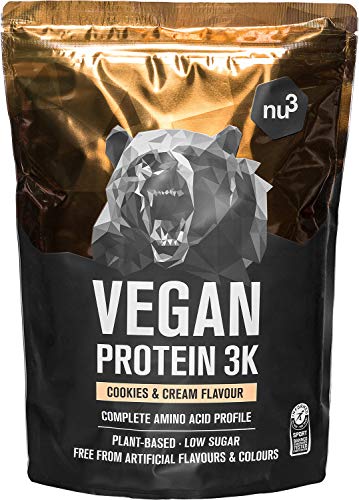 Proteine Vegane 3K - 1 Kg gusto Cookies & Cream - Proteine in polvere dei piselli, semi del girasole e riso – Integratore a base di 3 componenti - 70% di proteine - Informed Sport Certified - da nu3