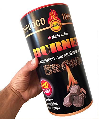 Burner Brown Accendifuoco 600 cubetti – Bio, Inodore, Senza scadenza, Non tossico, Non Inquinante per Barbecue, Stufe, Camini - 6 barattoli x 100 Pezzi