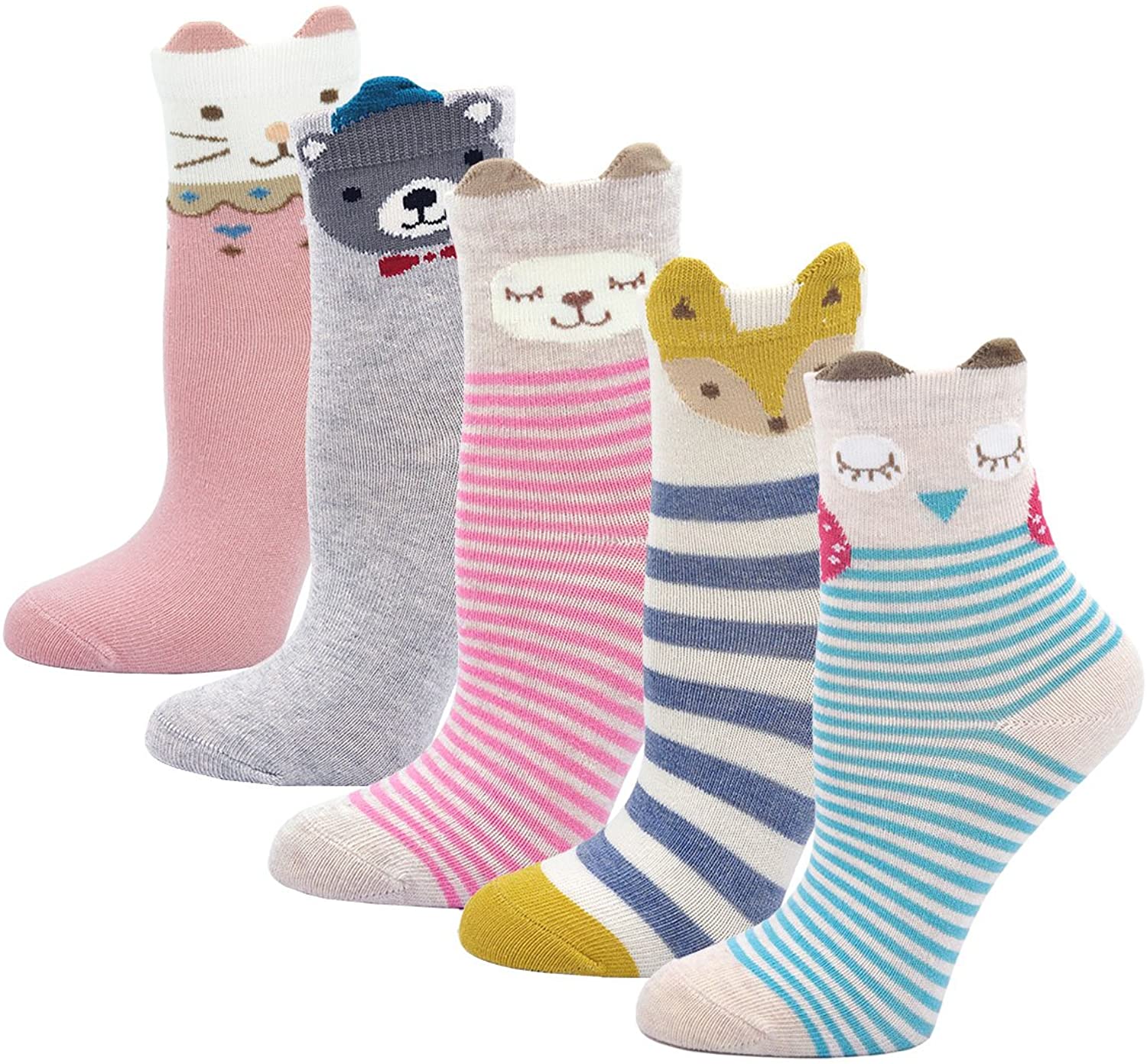 Cotone Calzini per Bambina, Animale Cartone Animato Calze alla Caviglia per Ragazze, 2-11 Anni, 5 Paia