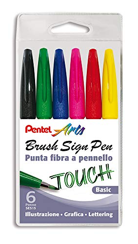Pentel SES15C Brush Sign Pen pennarello punta fibra flessibile 6 pz colori basic