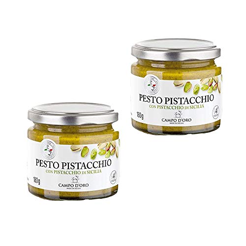 CAMPO D'ORO Set 2 Pezzi PESTO DI PISTACCHIO 180 GR. Specialità siciliane per ricette, sugo pronto siciliano prodotto con Pistacchi Siciliani tritati con un pizzico di sale e olio. 100% Made in Italy