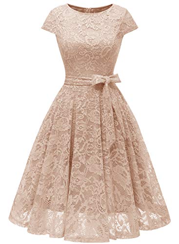 MuaDress Vestito Donna Eleganti da Sposa in Pizzo Girocollo Manica Corta con Cintura per Cerimonia Nuziale 6008Champagne XL