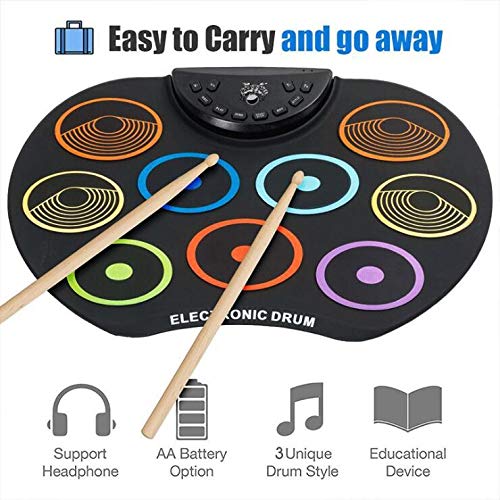 Portable Roll Up Electronic Drum Kit Pieghevole Musical Entertainment Practice Instrument con 9 pastiglie colorate per bambini, principianti, adulti