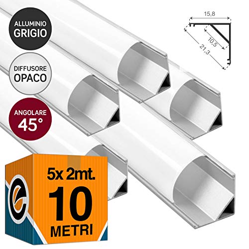 5x Profili Angolari da 2 metri (10mt) in Alluminio grigio per Strisce LED Schermatura Opaca ingombro max striscia led 10.5mm - 21.3 x 15.8