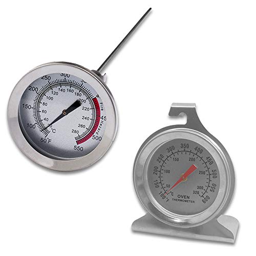 SourceTon - Set di 2 termometri da forno in acciaio INOX con manico lungo, termometro da forno con gancio e base a pannello e termometro da cucina per carne da 30,5 cm