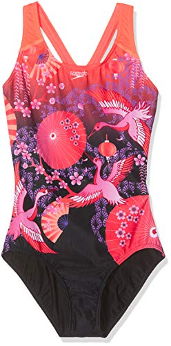 Speedo Crane Blossom Placement Splashback Costume da Bagno, Bambina, Multicolore (Crane Blsm Blk/Diva/Neon), 30 (IT 12)