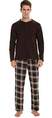 Vlazom Men's Fleece Pyjama Set Sleepwear Loungewear PJ Set Long Sleeve Top And Check Bottoms (A-Brown, XXL)