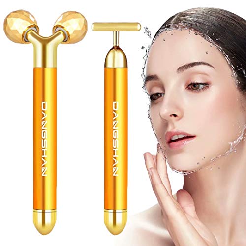 2-IN-1 Beauty Bar 24k Golden Pulse Facial Face Massager, Electric 3D Roller and T-Shape Face Roller Massage Kit Forehead Cheek Neck Arm Eye Nose Massager for Skin Face Pull Tight Firming Lift