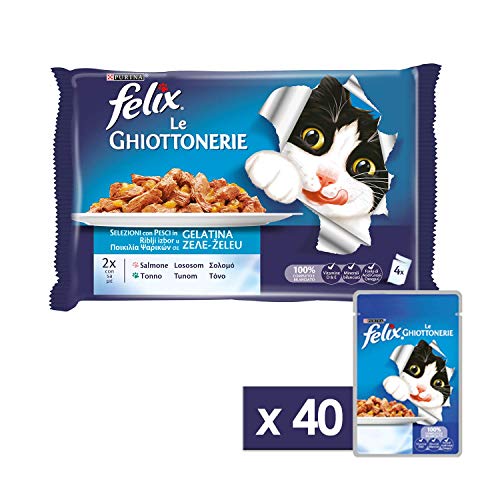 Purina Felix le Ghiottonerie Umido Gatto con Salmone e con Tonno, 40 Buste da 100 g Ciascuna, 10 Confezioni da 4 x 100 g