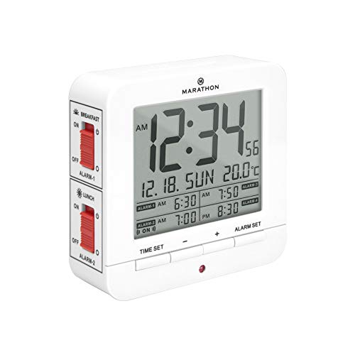 Marathon CL030075WH - Sveglia digitale con 4 sveglie contemporaneamente, per casa, ufficio e cura della salute (bianco)