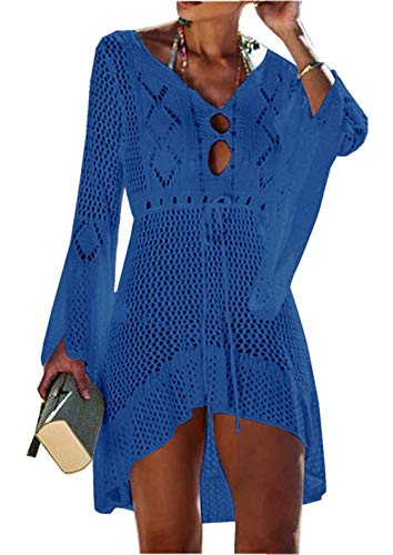 Jinsha Abito da Spiaggia Allentato da Donna Bikini Allentato a Manica Lunga con Scollo a V Coprire Costumi da Bagno Coprire Tunica fluida Camicetta per Le Vacanze(Blue)