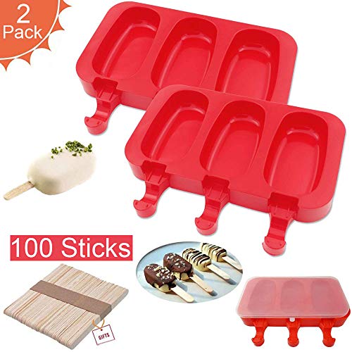 Stampi per ghiaccioli in silicone a 3 cavità,senza BPA,fai da te fatti in casa,con coperchi per bambini,per torte,gelati,ghiaccioli,facile rilascio(2 confezioni,con 100 bastoncini di ghiacciolo)