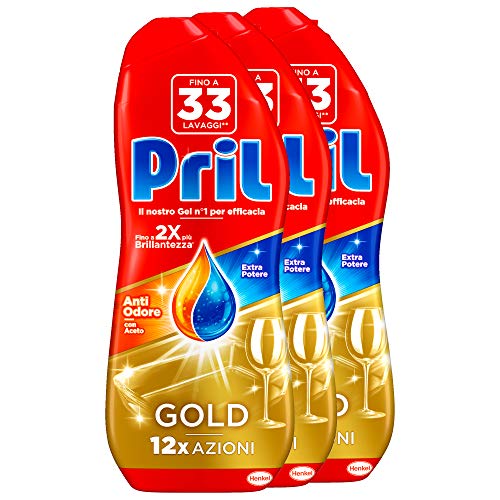 Pril Gold Gel Lavastoviglie Aceto Detersivo, 3 Confezioni da 33 Lavaggi