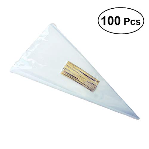 BESTONZON, 100 sacchetti trasparenti a cono, per caramelle, con nastri dorati (13 x 25 cm)