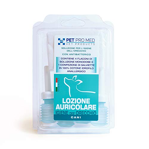 Virosac PetProMed - Lozione auricolare antibatterica ideale per l'igiene delle orecchie del cane - 4 flaconcini da 8 ml e una confezione di salviette