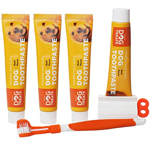 Natural Dog Treats Spazzolino e 4X Dentifricio Dentale Kit per Cani, Contro Placca e Carie, Gusto Manzo