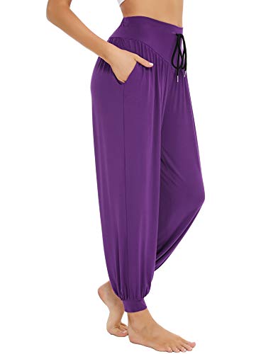 Sykooria Pantaloni da Yoga Donna Larghi Alta Vita Pantaloni Harem Elasticità Modal Cotone con Tasche - Viola M